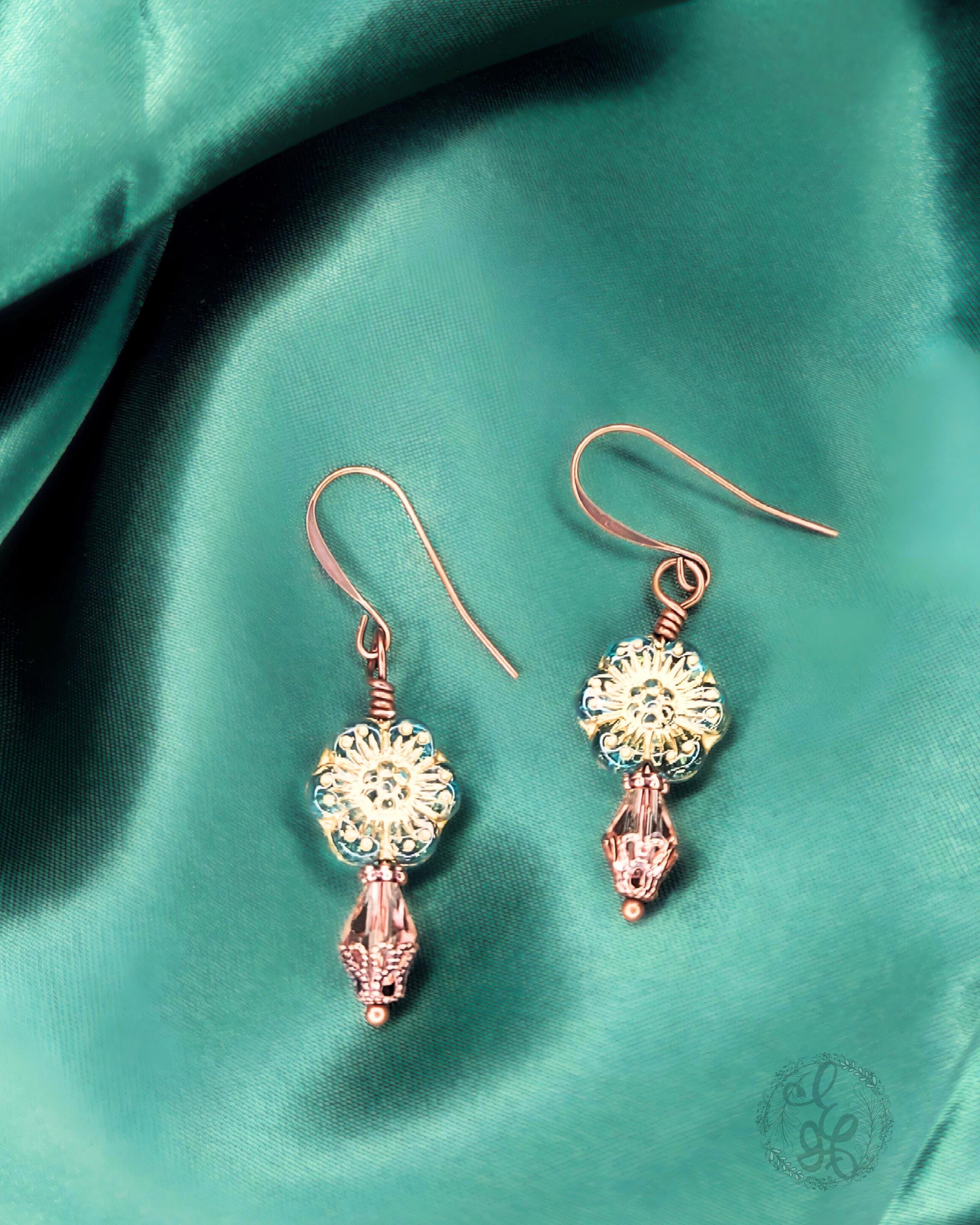 Artisan Czech Glass Earrings • Antique Copper Floral Dangles • Crystal Teardrop Vintage Style Jewelry
