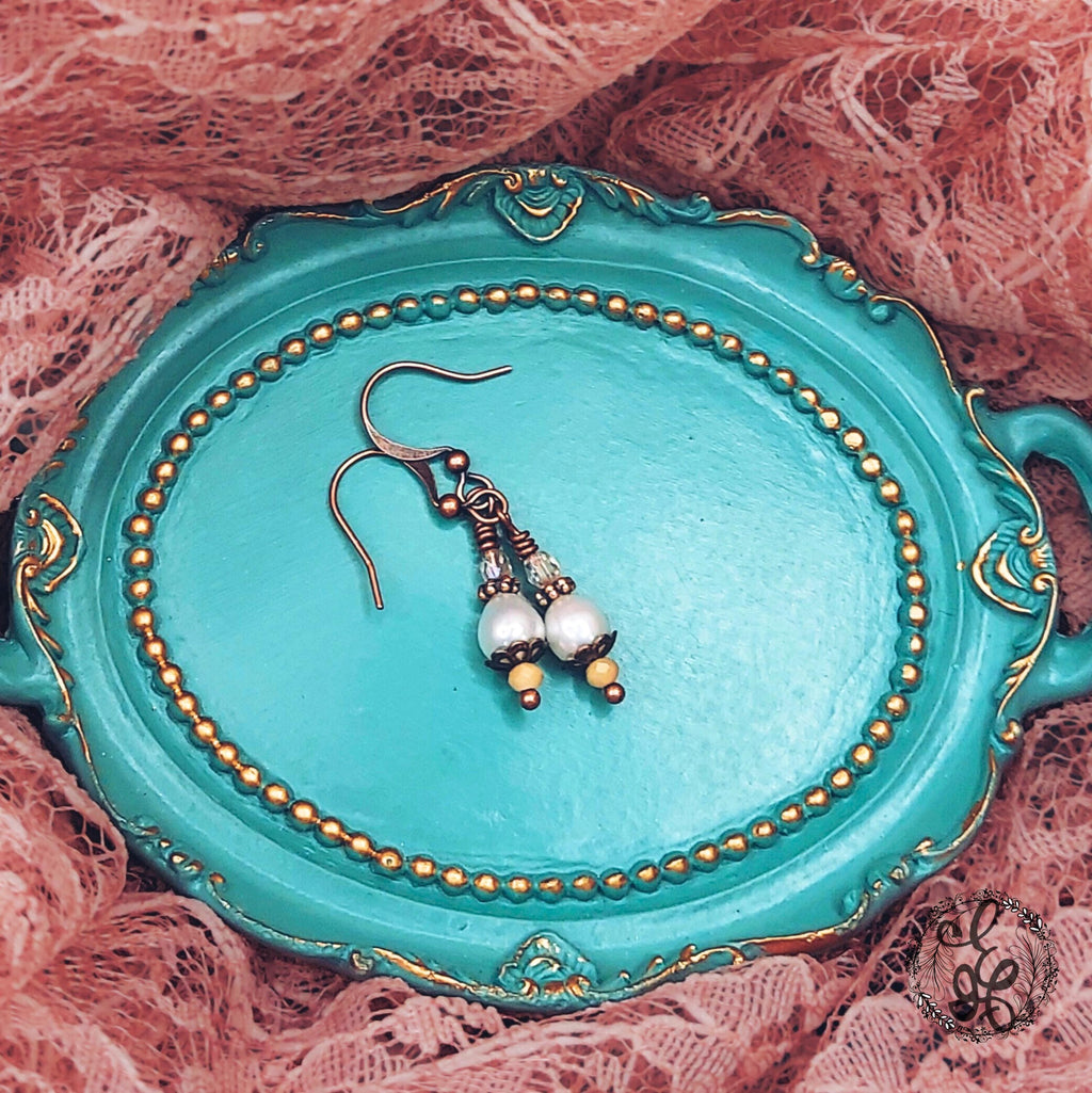 Freshwater Pearl Drop Earrings – Antique Copper & Czech Glass – Hypoallergenic, Vintage-Inspired Dangle Earrings