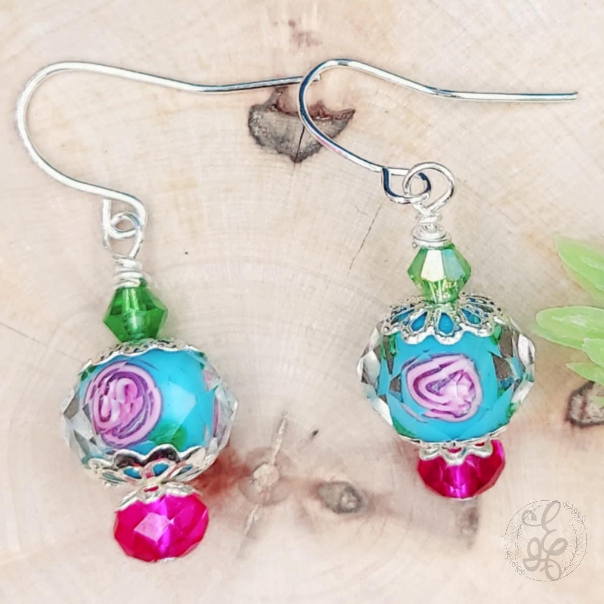 Rose Dangle Drop Earrings, blue pink and green danity earrings