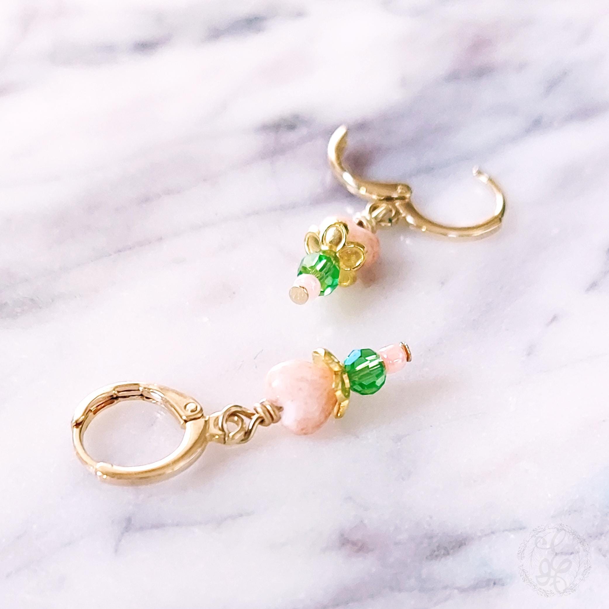 Petite Gold Huggie Hoop Earrings – Pink & Green Crystal Dangles | 18K Gold Hoops for Girls