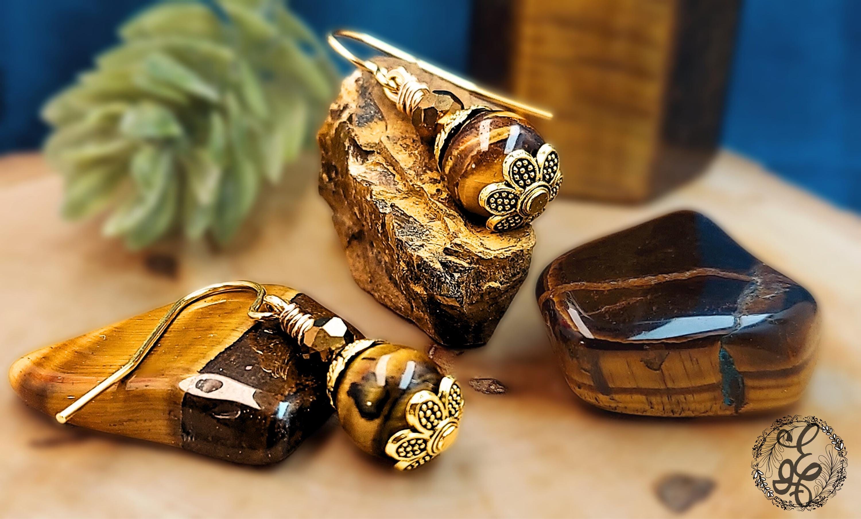 Tiger's Eye Earrings Gold Plated – Handmade Dangle Earrings – Hypoallergenic Gemstone Jewelry Gift for Her