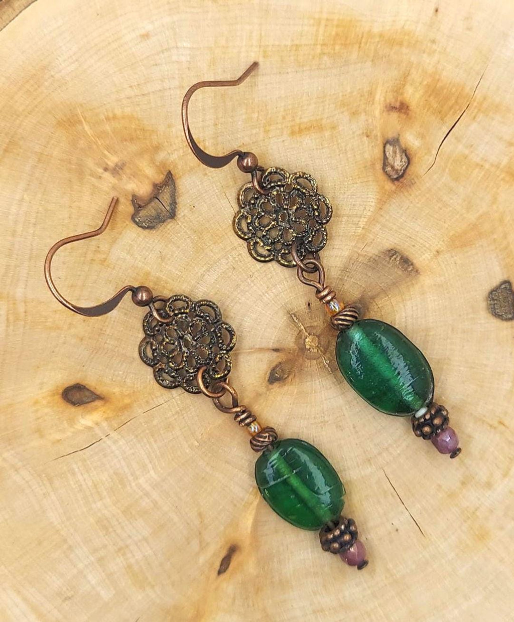 Green Beaded Antique Copper Flower Earrings Dangle Earring Gifts for Her