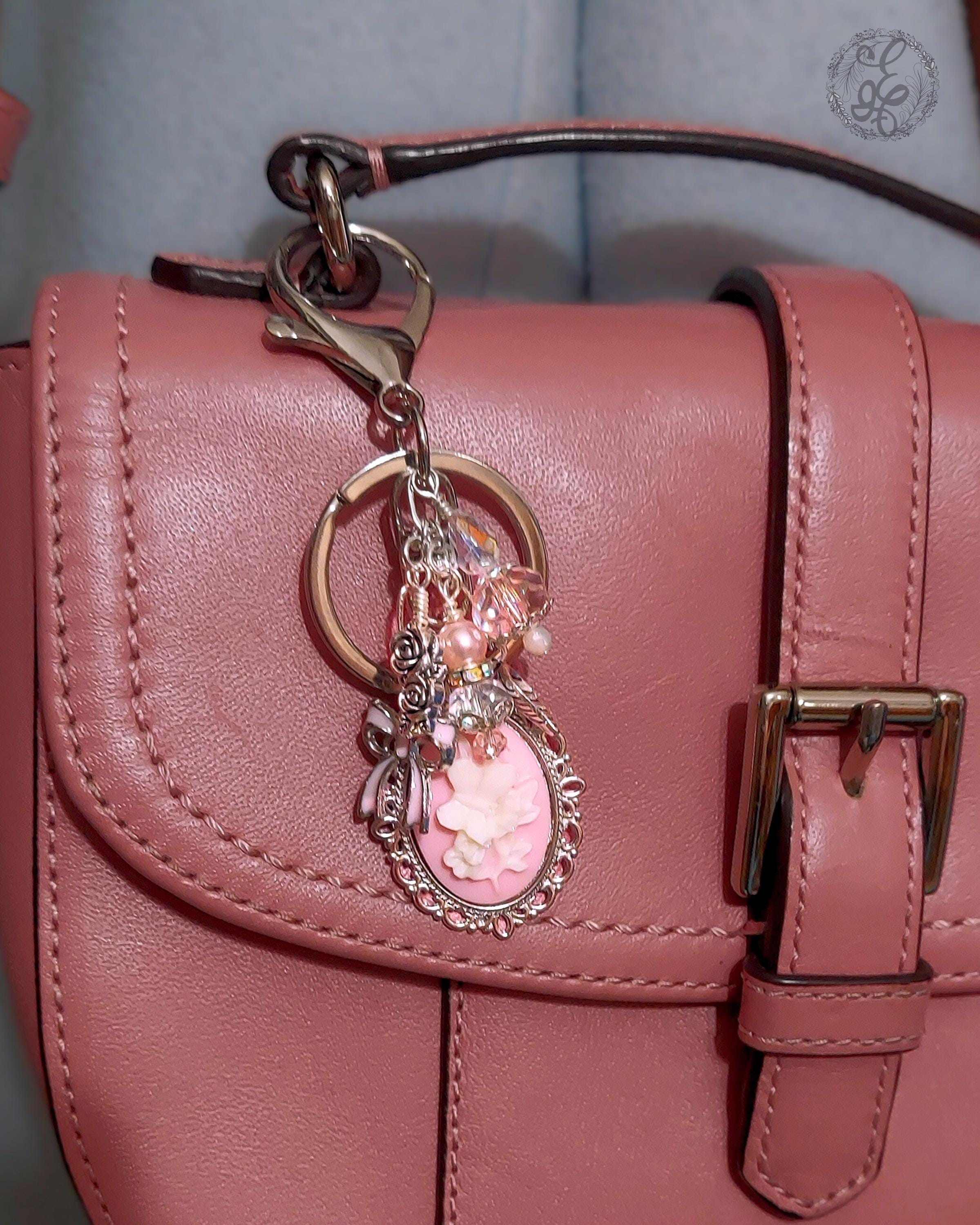 Pink Butterfly Cameo Purse Charm – Wire Wrapped Beads, Rose & Bow Accents