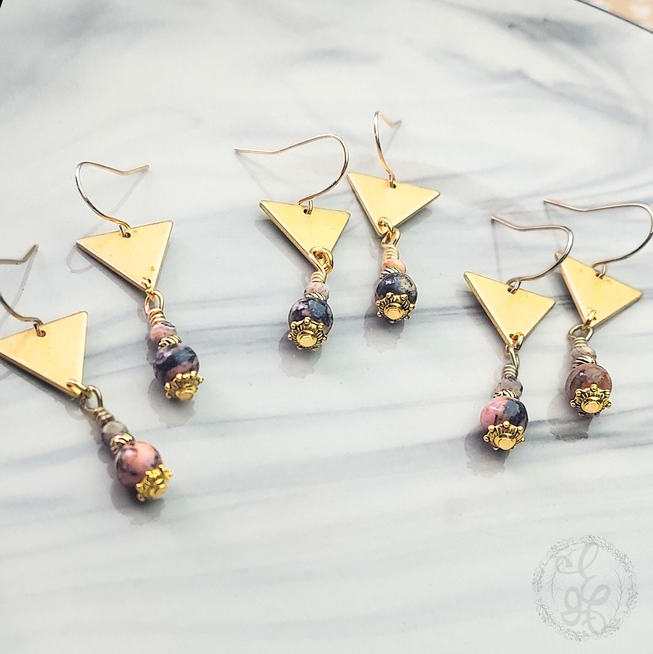 Rhodonite & Rhodochrosite Dangle Earrings – Raw Brass Triangles