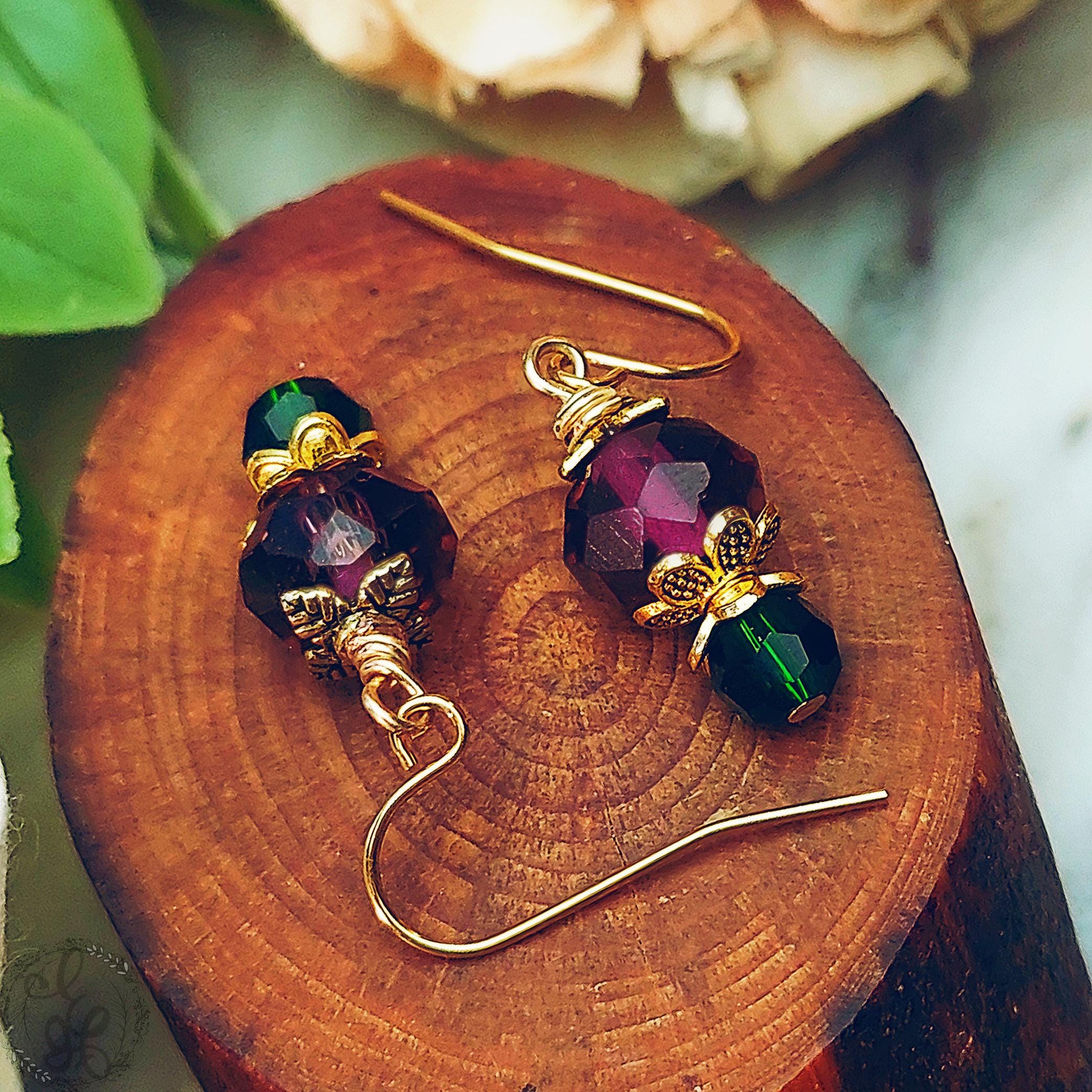 Vintage-Inspired Plum & Green Drop Earrings | Gold Accents | Hypoallergenic