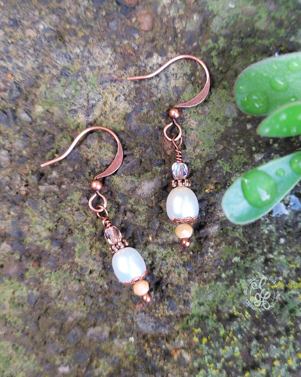 Freshwater Pearl Drop Earrings – Antique Copper & Czech Glass – Hypoallergenic, Vintage-Inspired Dangle Earrings