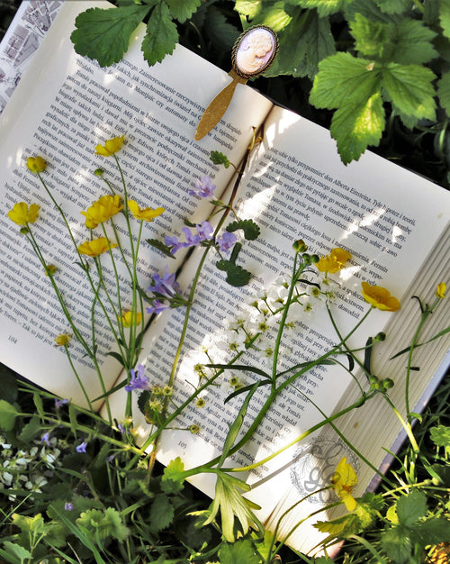 Antique Brass Bookmark with Lavender Cameo – Heirloom Style Gift for Readers