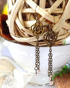Rose Earrings: Chain and Crystal Drop Dangles with Antique Gold Finish for Women