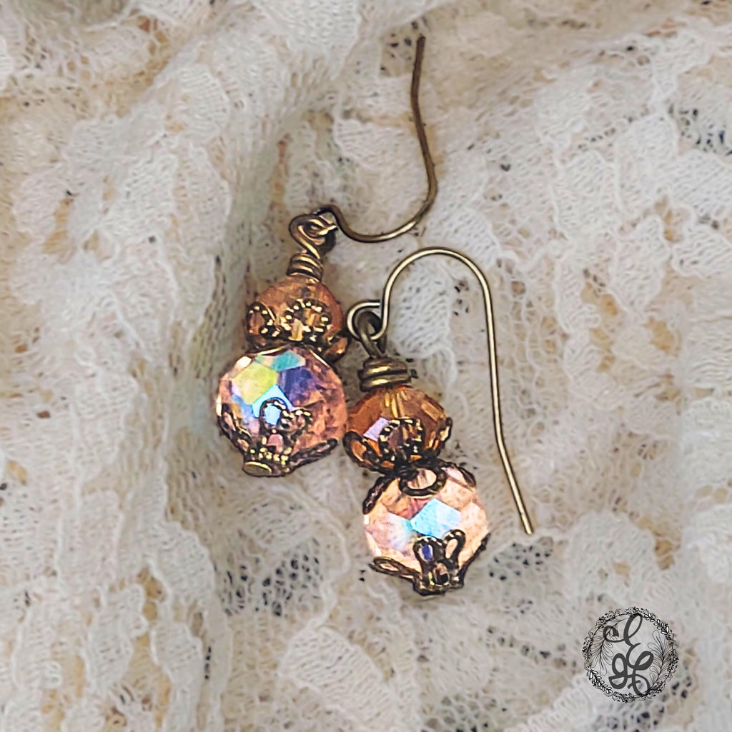Victorian Style Earrings – Pink and Amber Crystal Dangle Earrings – Antique Bronze