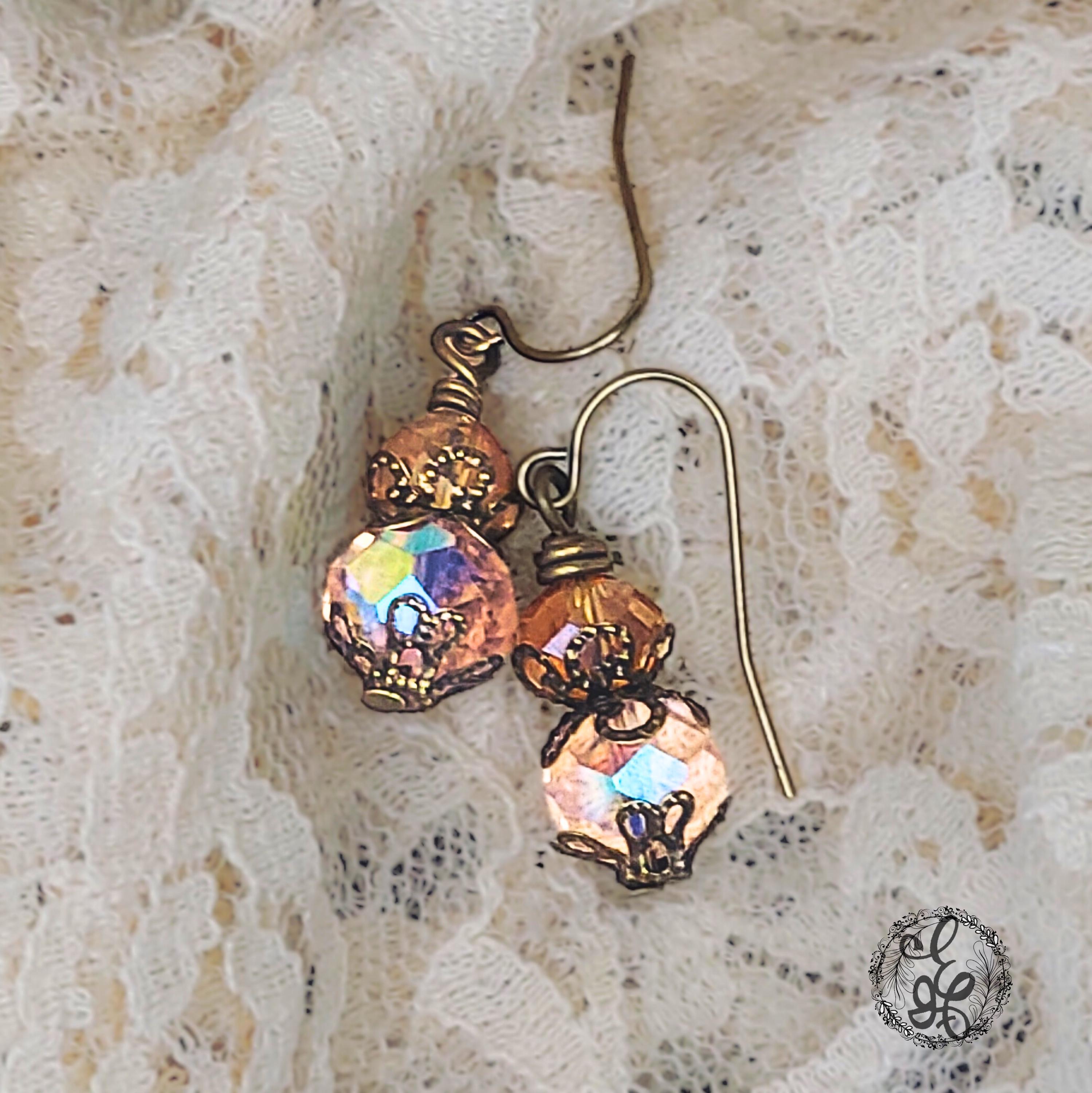 Victorian Style Earrings – Pink and Amber Crystal Dangle Earrings – Antique Bronze