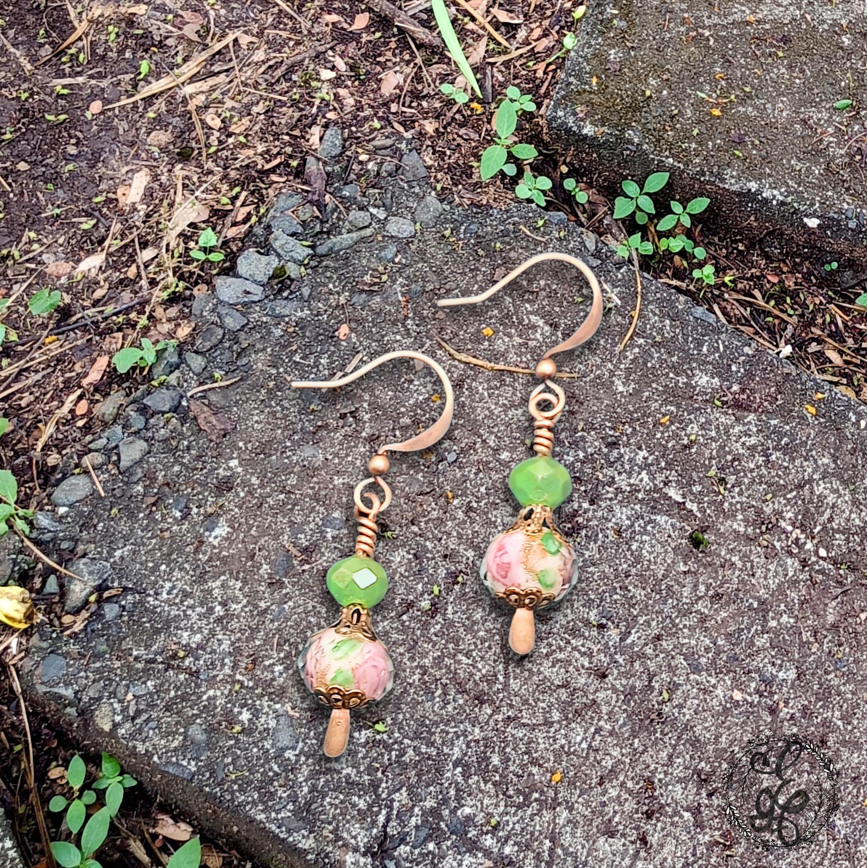 Tea Party Dangle Earrings | Vintage-Inspired Floral Lampwork Beads | Antique Copper Earrings | Whimsical Gift for Her