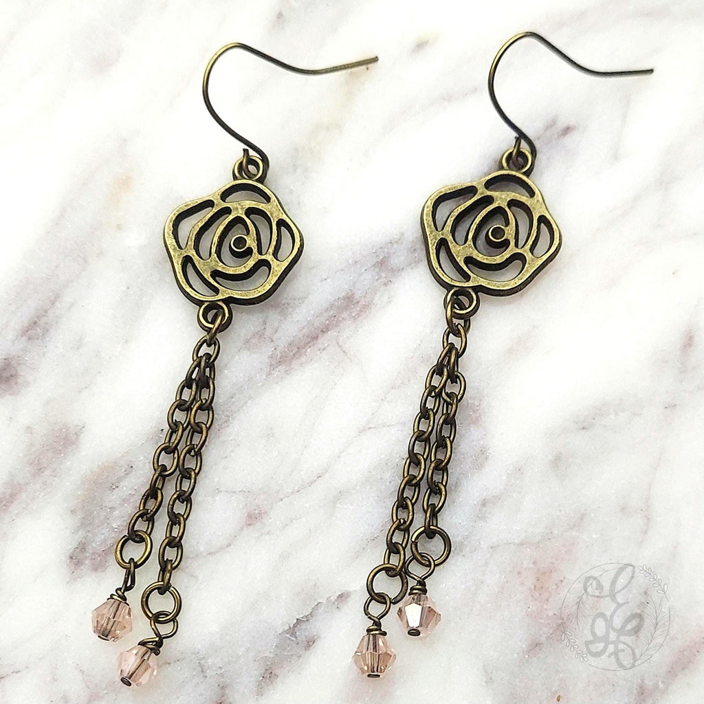 Rose Earrings: Chain and Crystal Drop Dangles with Antique Gold Finish for Women
