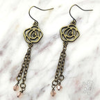 Rose Earrings: Chain and Crystal Drop Dangles with Antique Gold Finish for Women