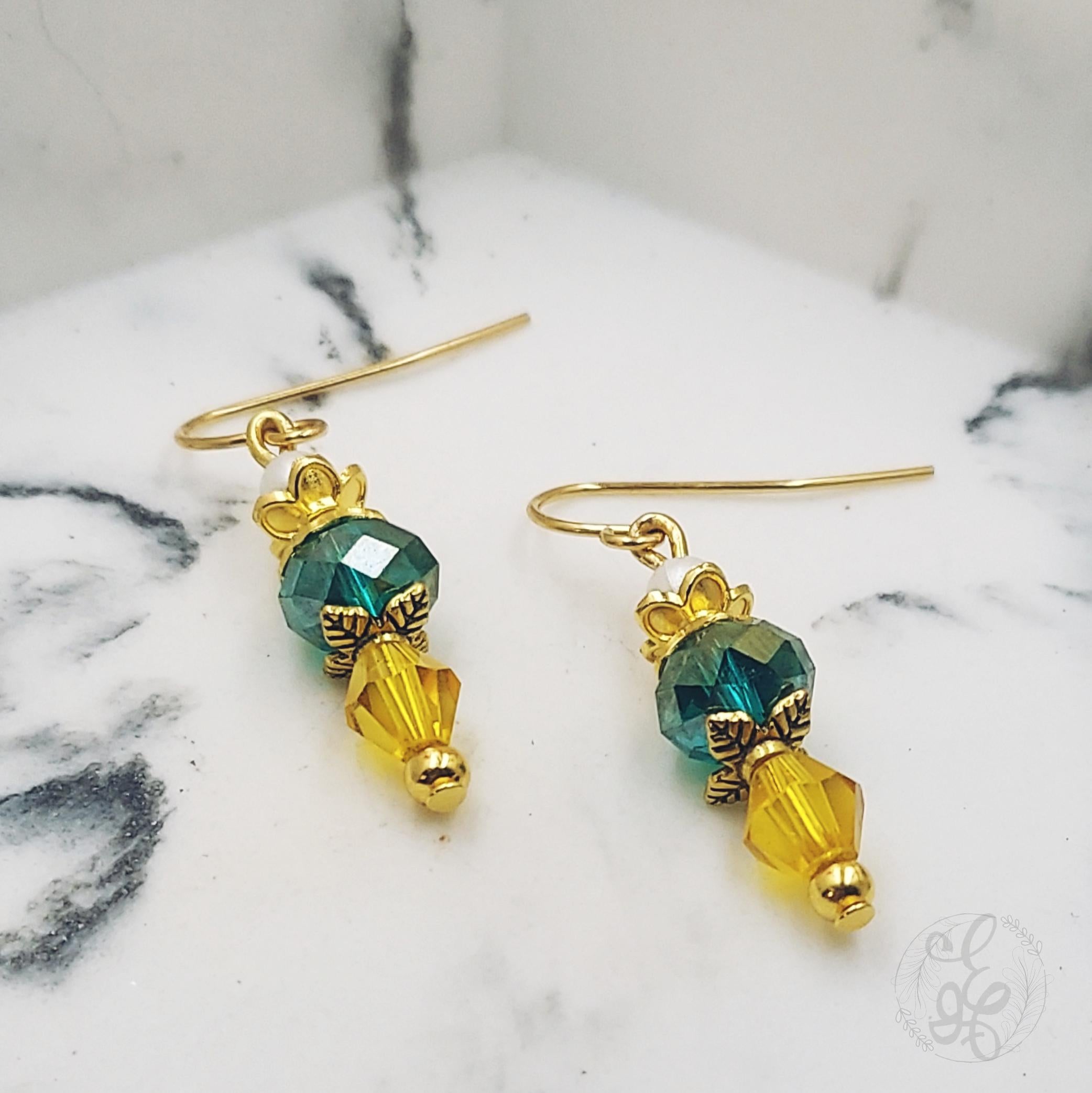 Daffodil Yellow and Teal Earrings with Gold Finish, Spring Earrings, Gift for her, Vintage Style Jewelry