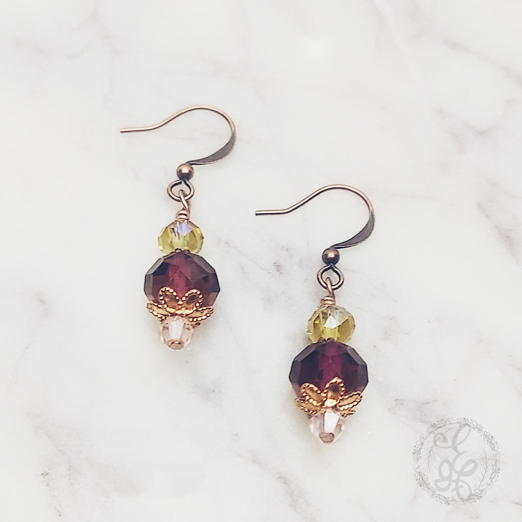 Plum Crystal Dangle Earrings | Artisan Earrings in Copper, Silver, or Bronze