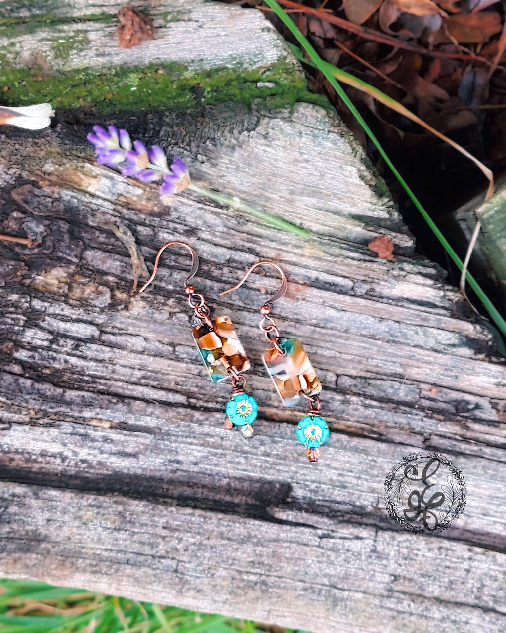 Boho Copper and Czech Glass Dangle Earrings with Tortoiseshell Focal and Flower Accent, Handmade Artisan Jewelry