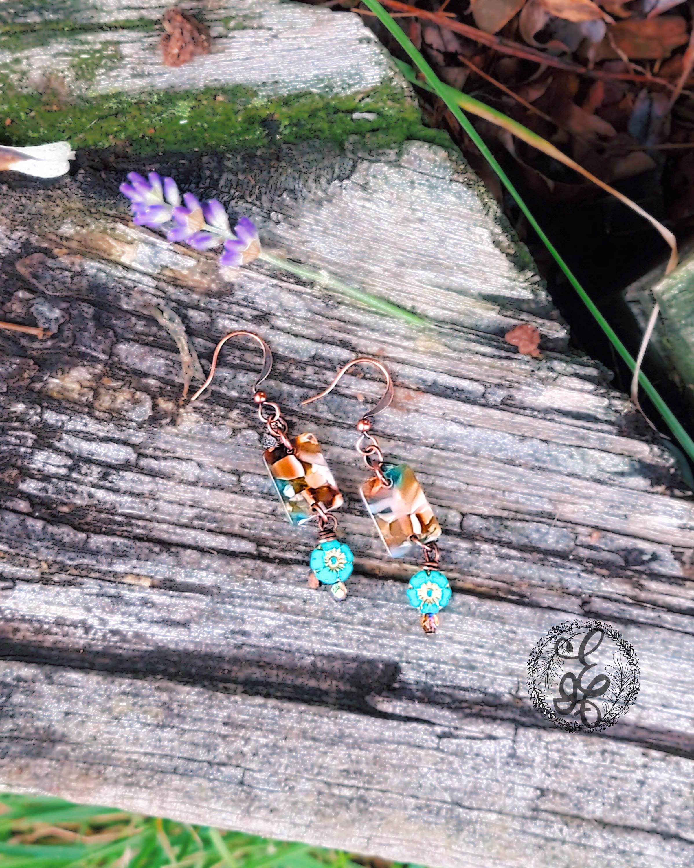 Boho Copper and Czech Glass Dangle Earrings with Tortoiseshell Focal and Flower Accent, Handmade Artisan Jewelry