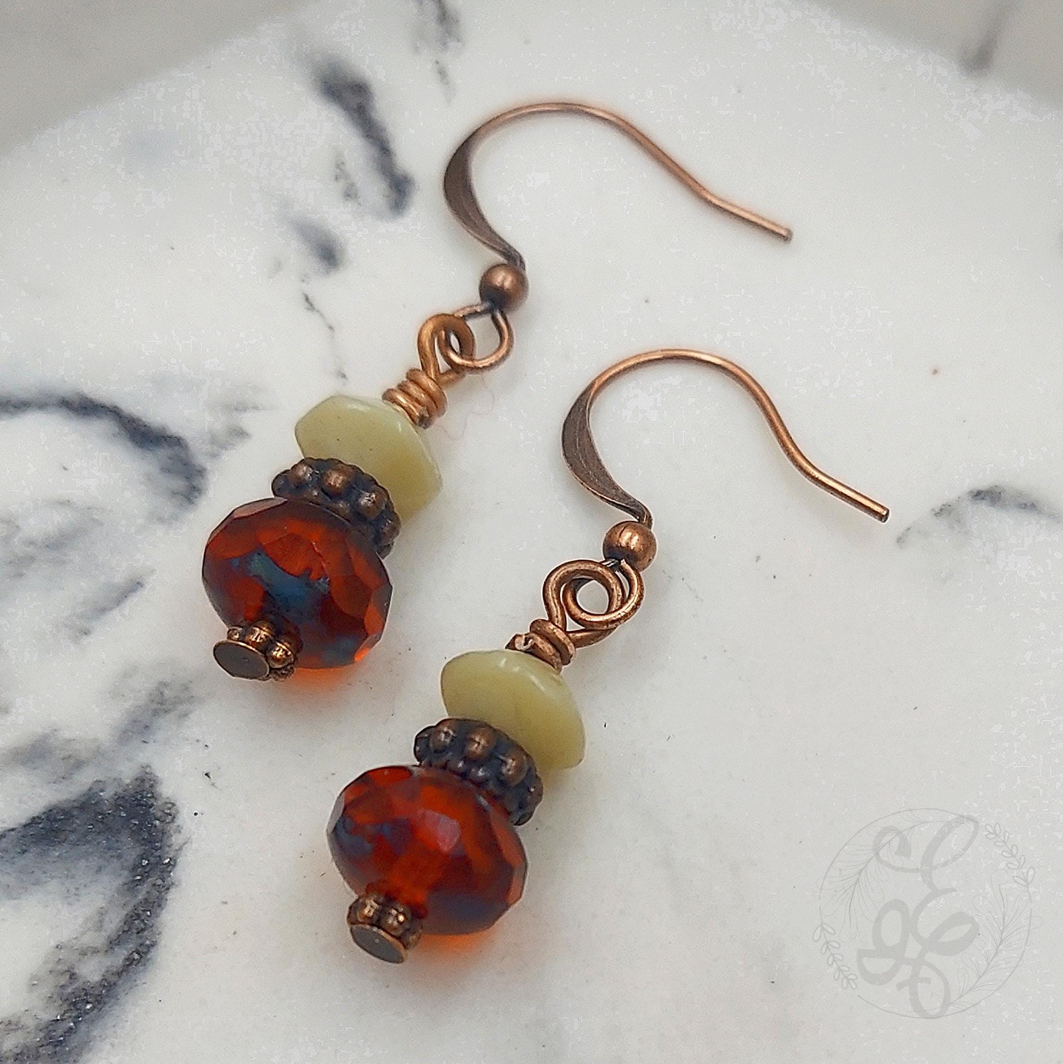 Grenadine Red Dangle Earrings with Antique Copper Finish, Mother's Day Gift for Her