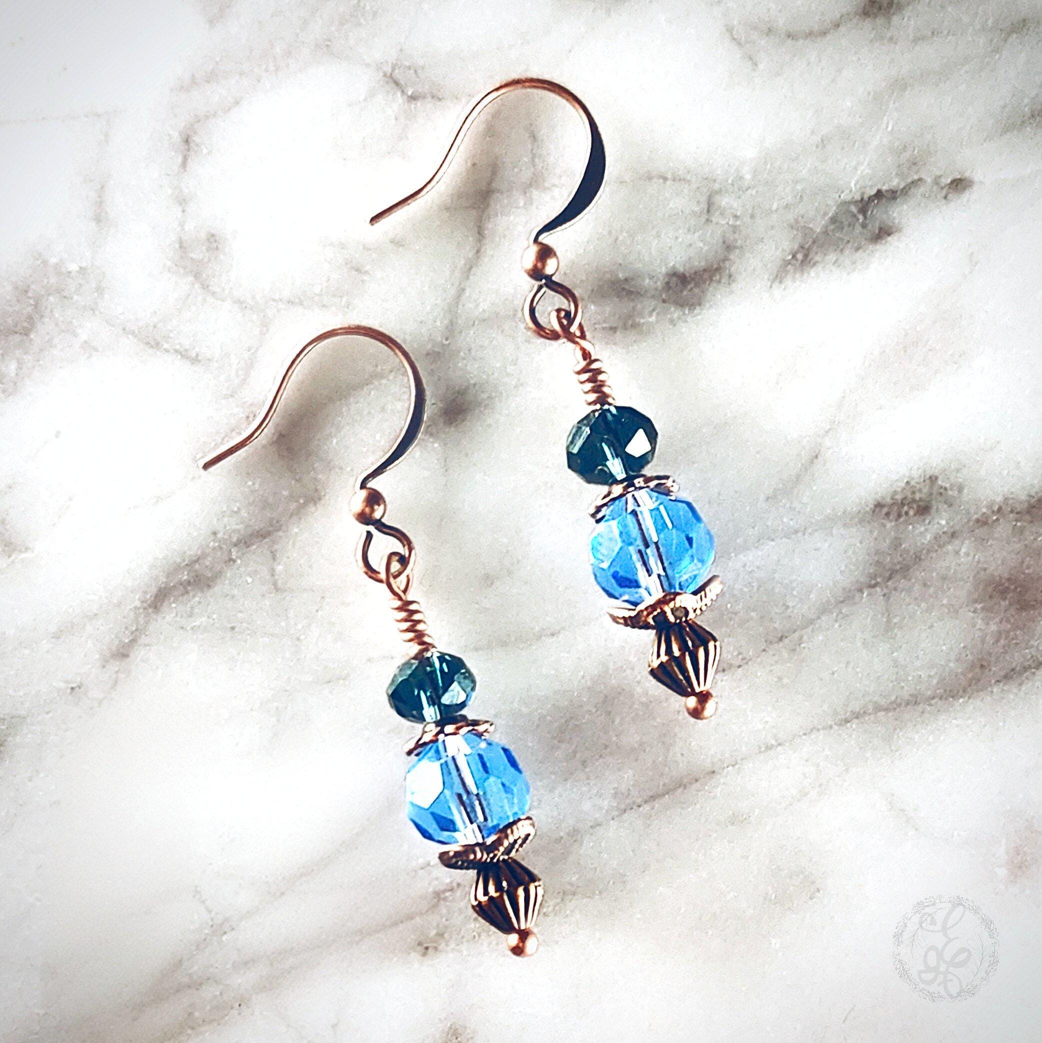 Blue Crystal Copper Earrings – Hypoallergenic Vintage Style Dangles