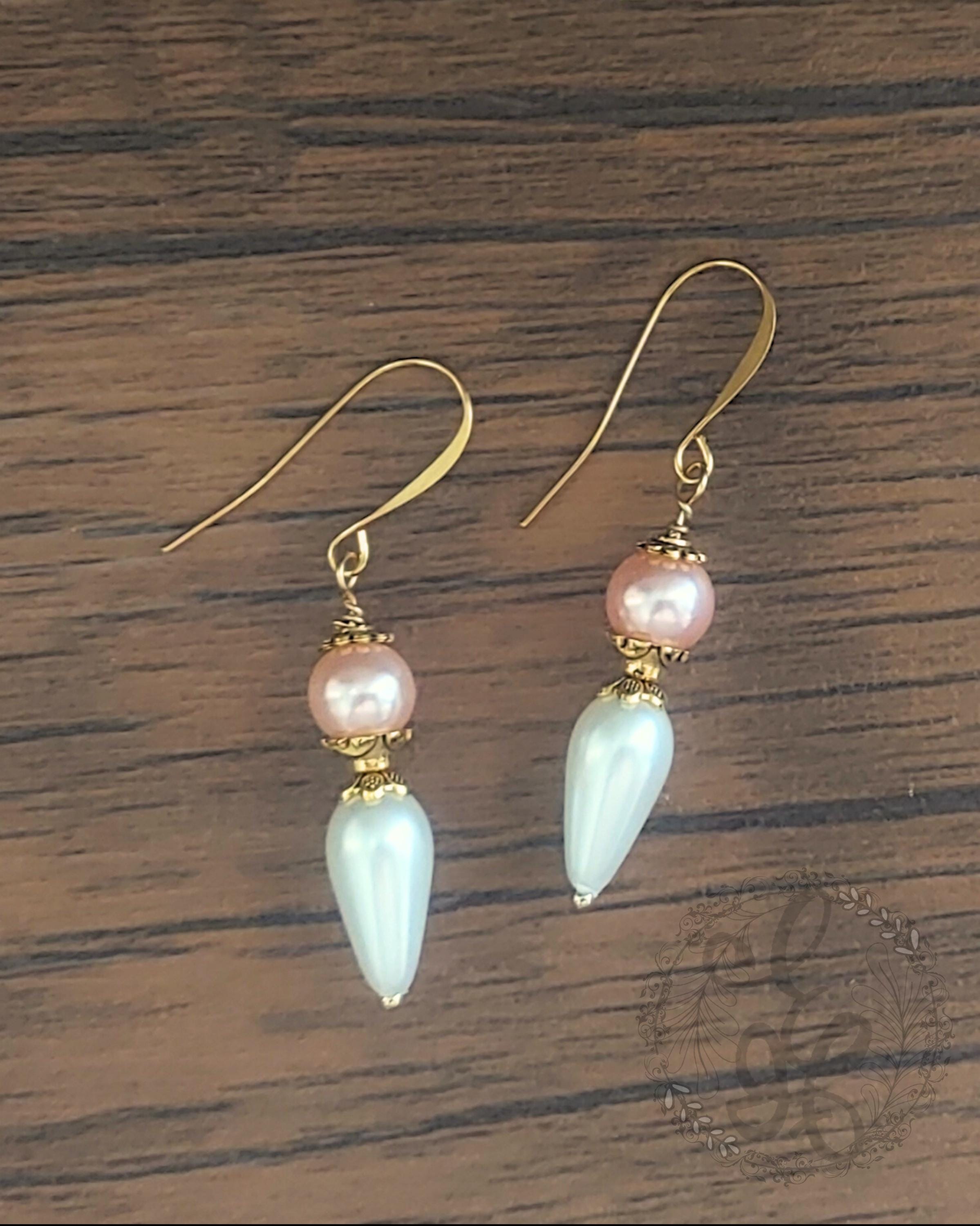 Petal Pink & White Glass Pearl Drop Earrings – Gold Plated Hypoallergenic Hooks – Vintage Style Dangle Earrings – Eidel’s Ideas Original