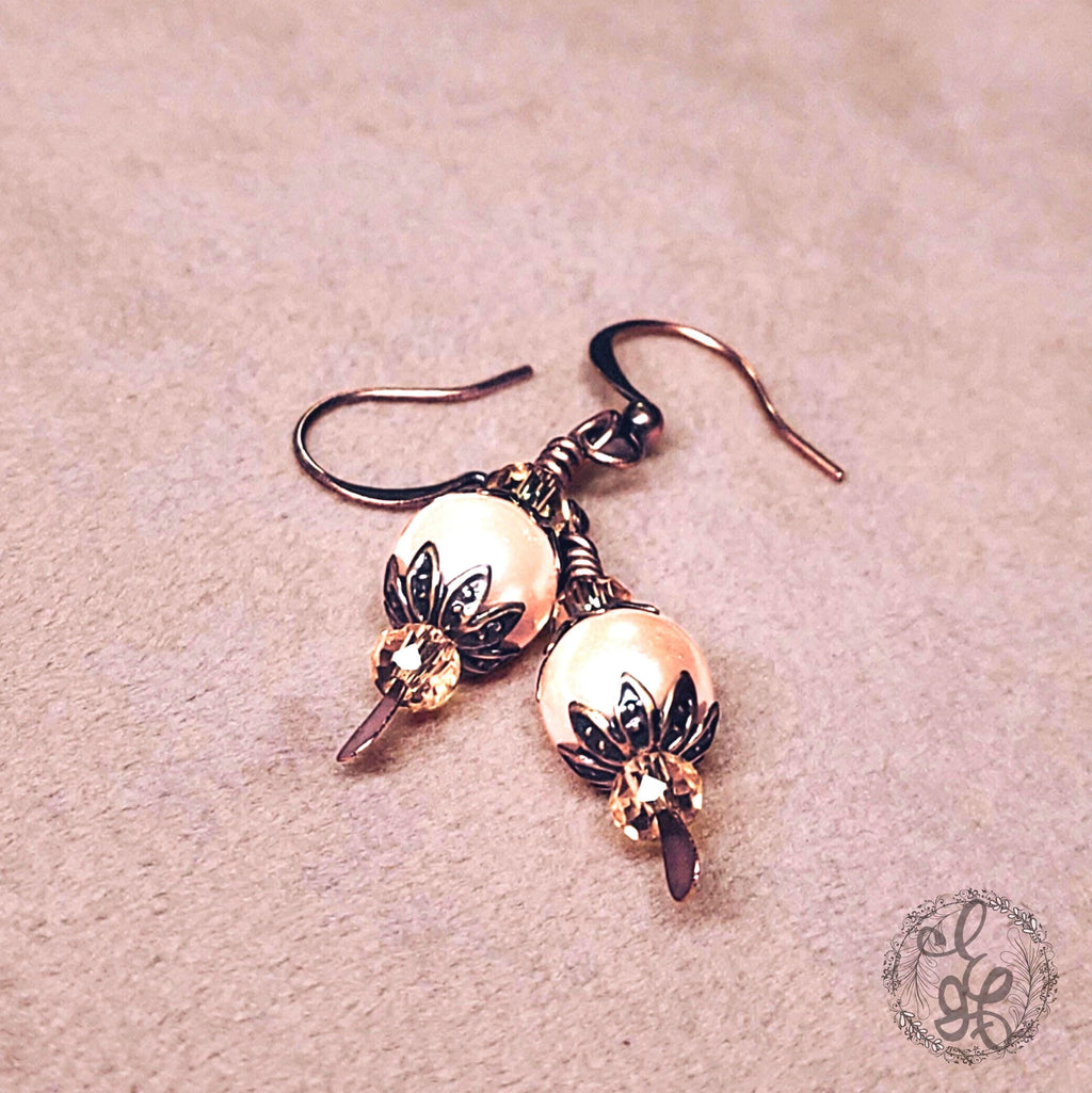 Victorian-Inspired Pearl & Crystal Earrings | Antique Copper Hypoallergenic Dangles
