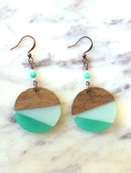 Retro 90s Wood & Aqua Resin Earrings – Lightweight Statement Dangles with Copper Earwires | Vintage-Inspired Artisan Jewelry