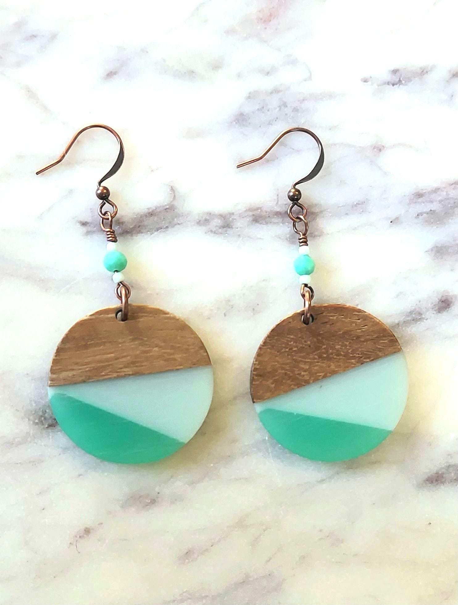Retro 90s Wood & Aqua Resin Earrings – Lightweight Statement Dangles with Copper Earwires | Vintage-Inspired Artisan Jewelry