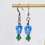 Blue Tulip & Green Crystal Earrings – Blooms in Copper or Silver