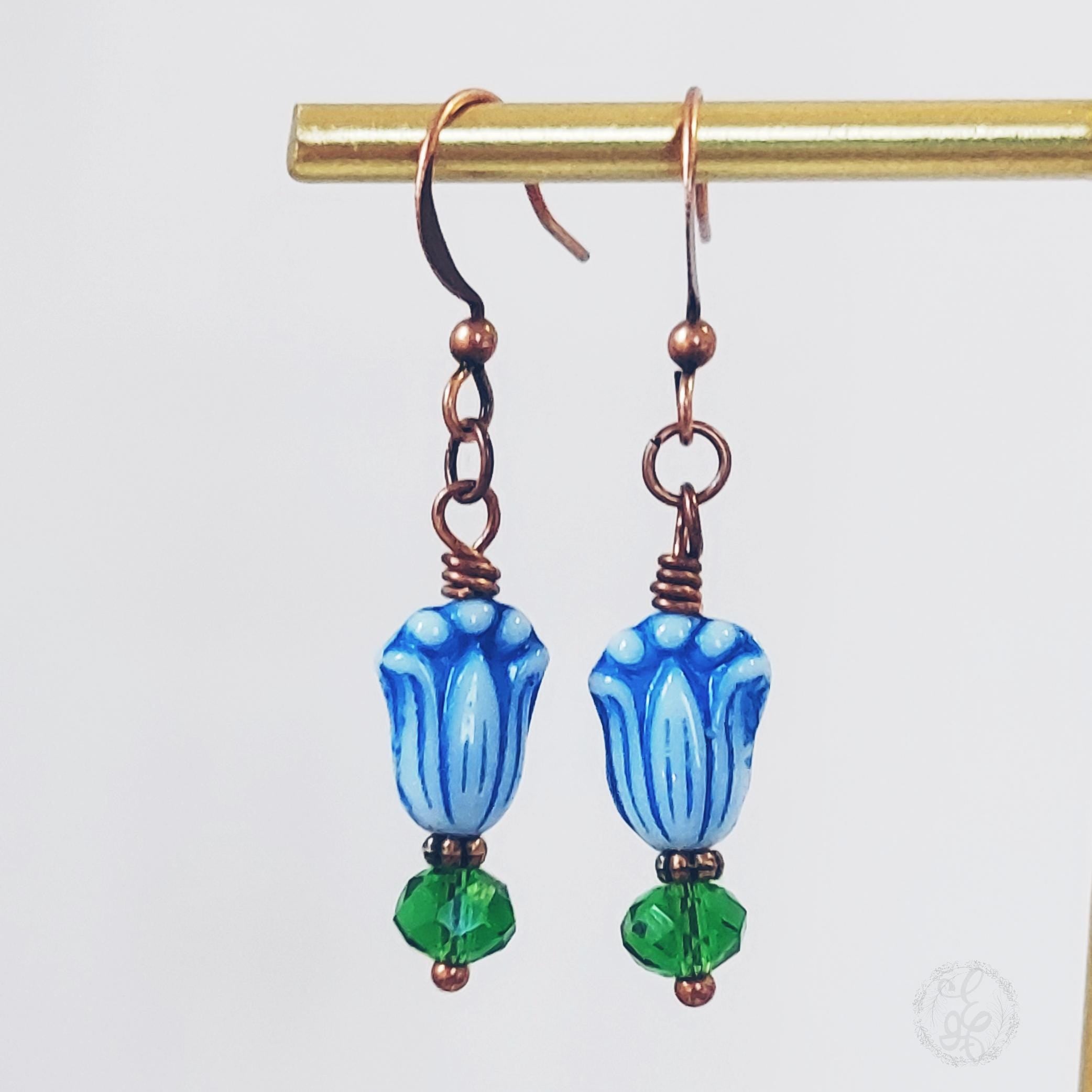 Blue Tulip & Green Crystal Earrings – Blooms in Copper or Silver