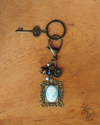 Victorian Tea Purse Charm & Keychain – Blue Handcrafted Cameo, Teapot and Crystal Charms – Antique Brass