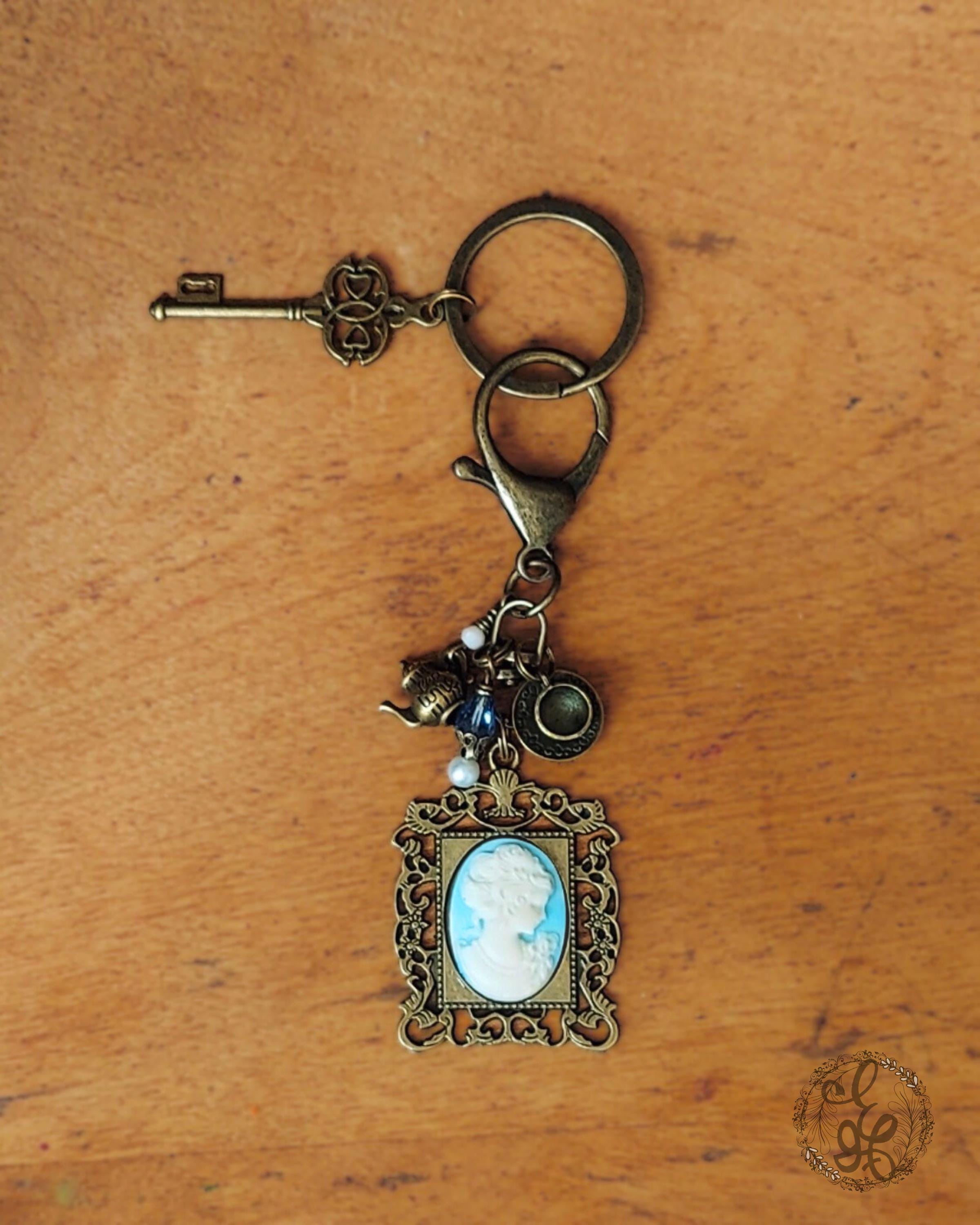 Victorian Tea Purse Charm & Keychain – Blue Handcrafted Cameo, Teapot and Crystal Charms – Antique Brass