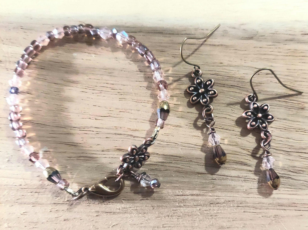 Flower Bracelet and Earrings Set with blush rose pink crystals and antique gold finish