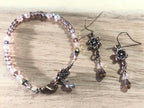 Flower Bracelet and Earrings Set with blush rose pink crystals and antique gold finish