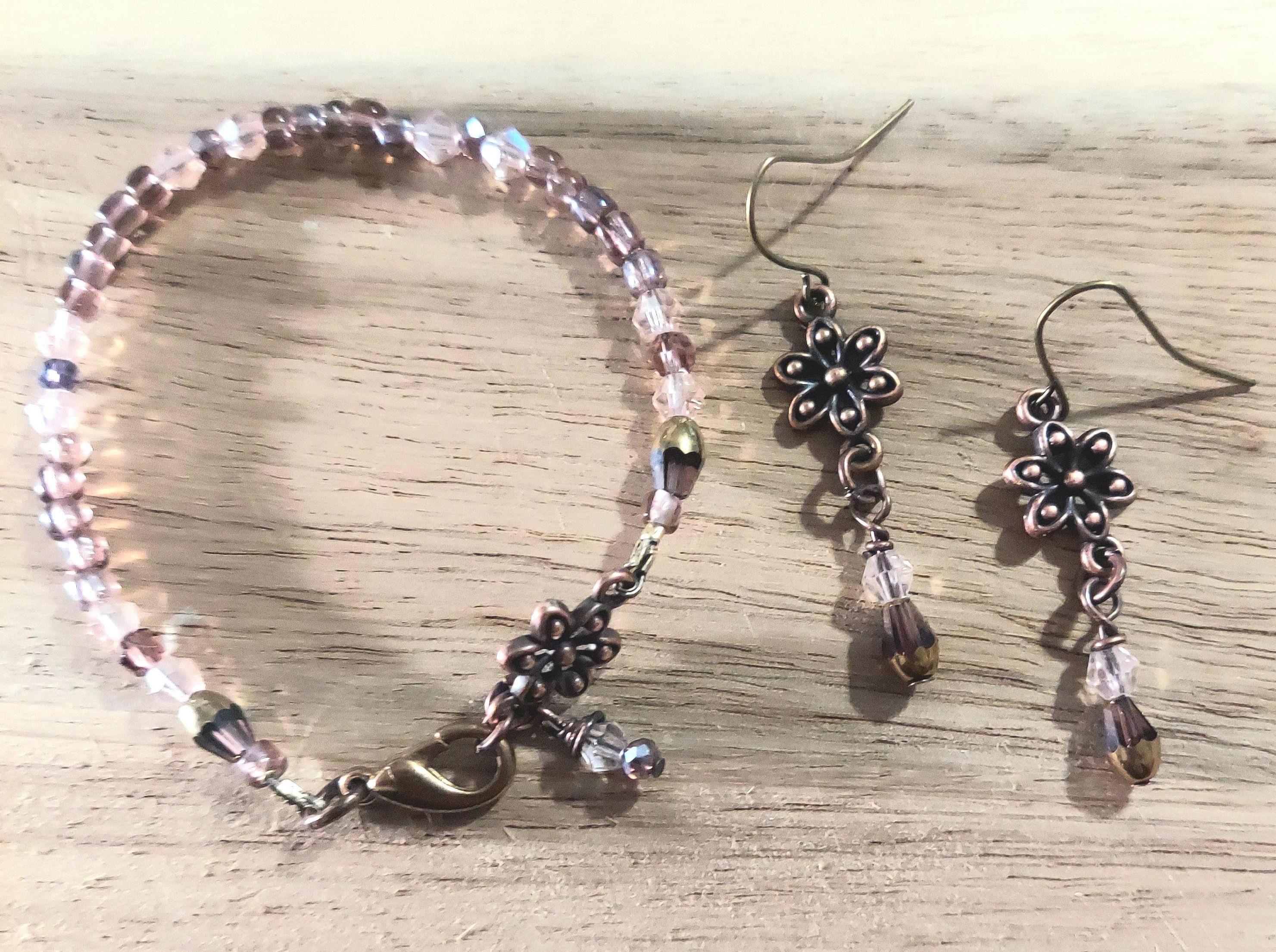 Flower Bracelet and Earrings Set with blush rose pink crystals and antique gold finish