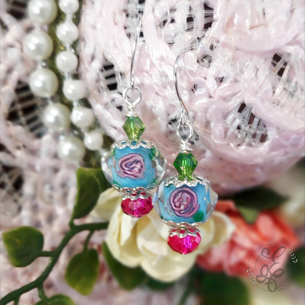 Rose Dangle Drop Earrings, blue pink and green danity earrings
