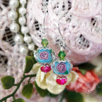 Rose Dangle Drop Earrings, blue pink and green danity earrings