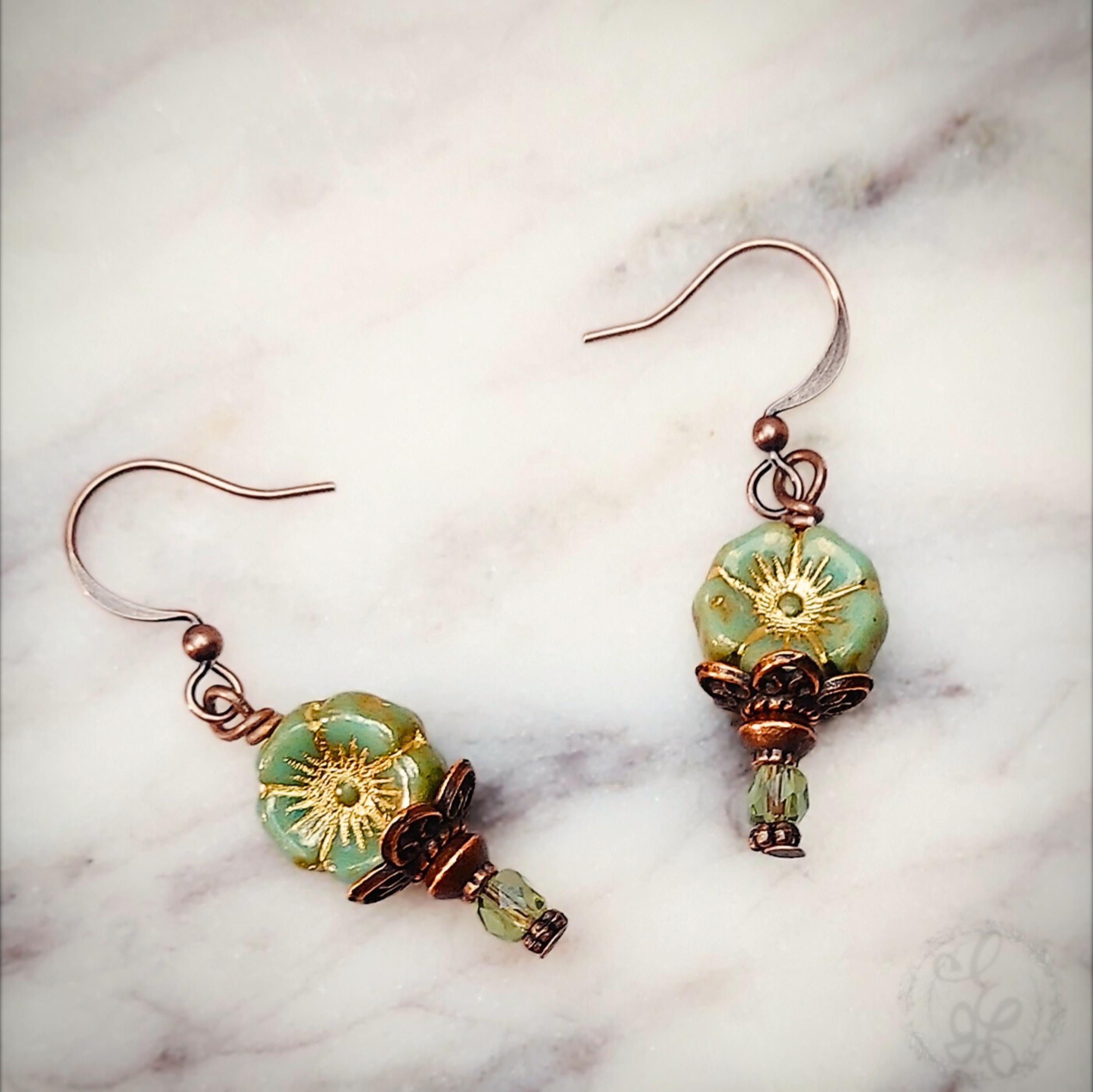 Vintage-Inspired Floral Czech Glass Earrings – Antique Copper Dangle Earrings