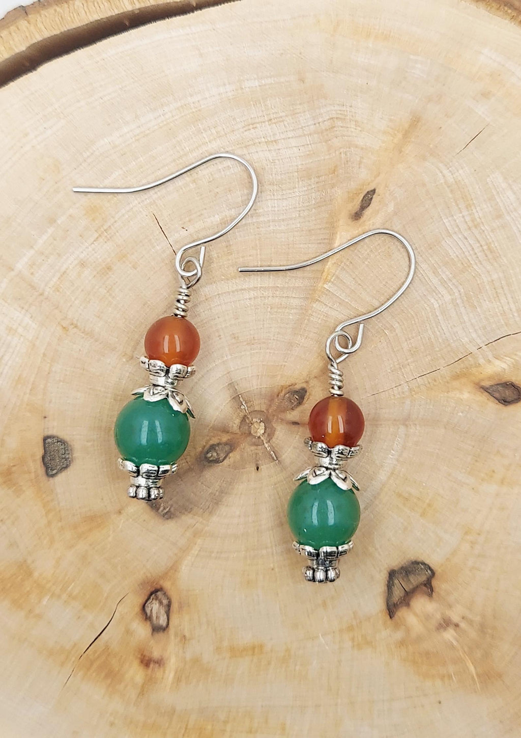 Orange and Green semi prescious stone earrings, Silver, Aventurine and Carnelian Earrings beaded Earrings Gemstone Dangle Earring Gifts for
