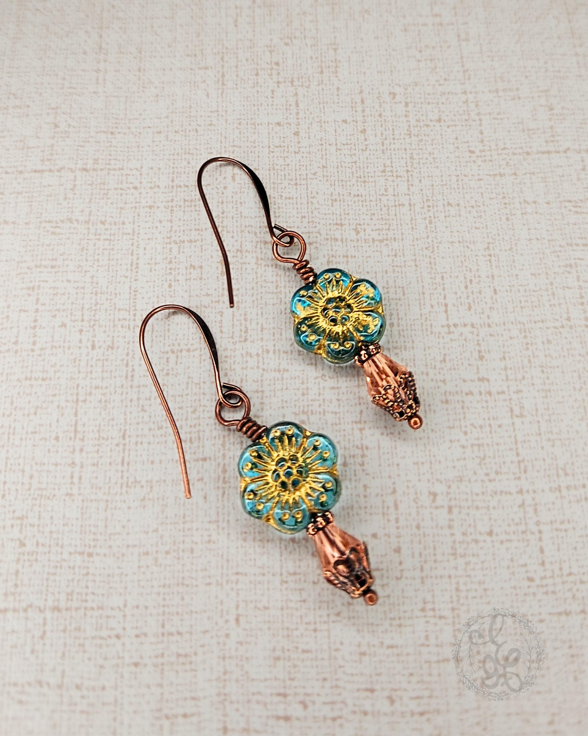 Artisan Czech Glass Earrings • Antique Copper Floral Dangles • Crystal Teardrop Vintage Style Jewelry