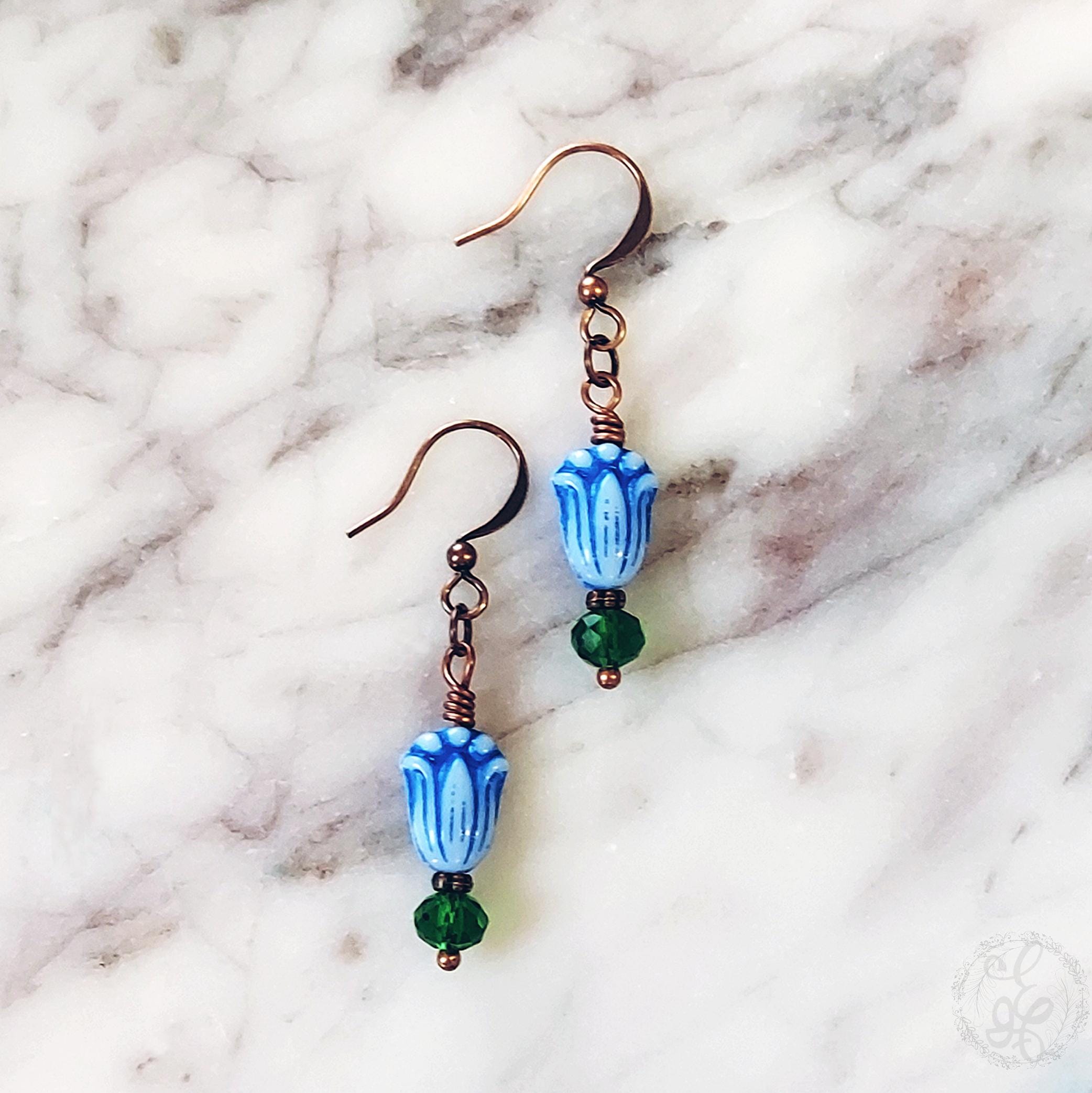 Blue Tulip & Green Crystal Earrings – Blooms in Copper or Silver
