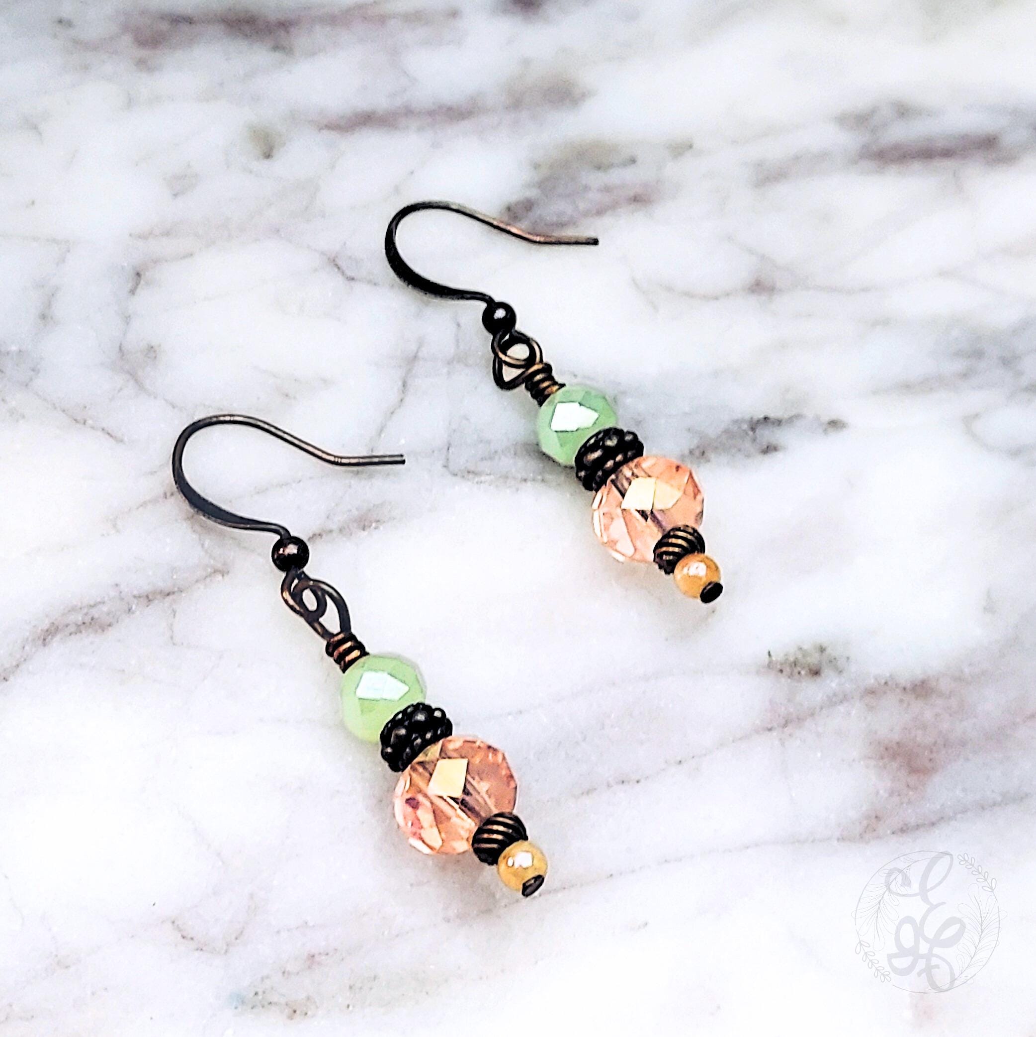 Vintage Inspired Artisan Dangle Earrings with Faceted Crystal Beads