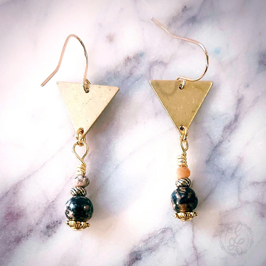 Rhodonite & Rhodochrosite Dangle Earrings – Raw Brass Triangles