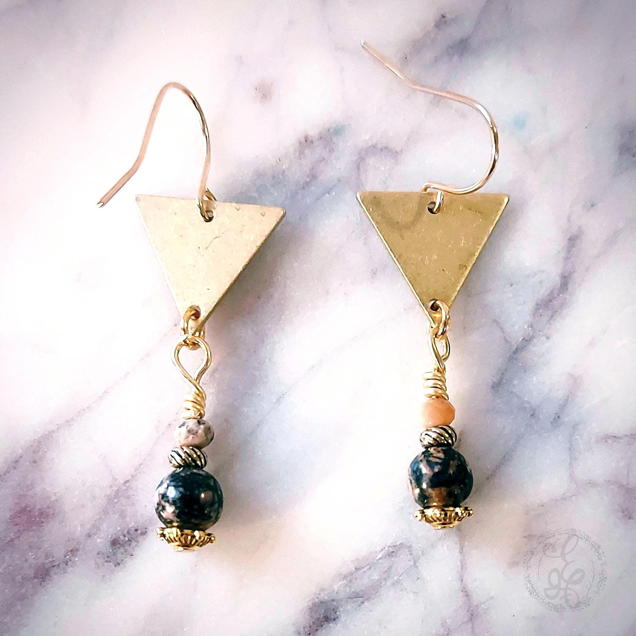 Rhodonite & Rhodochrosite Dangle Earrings – Raw Brass Triangles