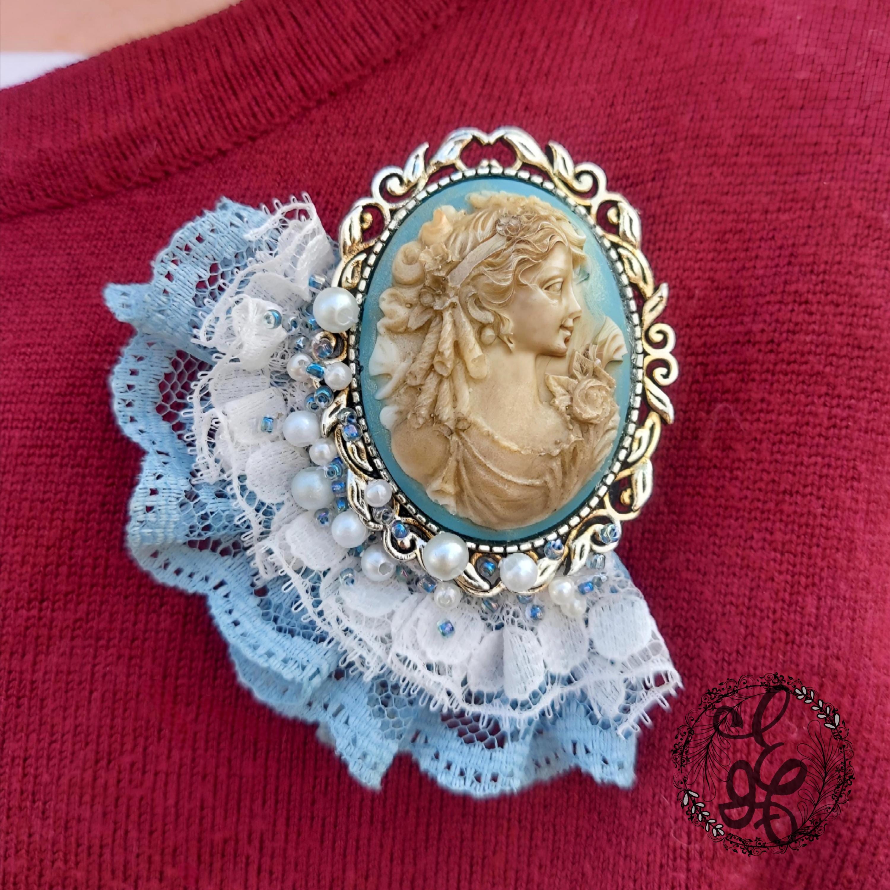 Victorian Blue Cameo Brooch, handcrafted with Lace and Beaded Embellishments