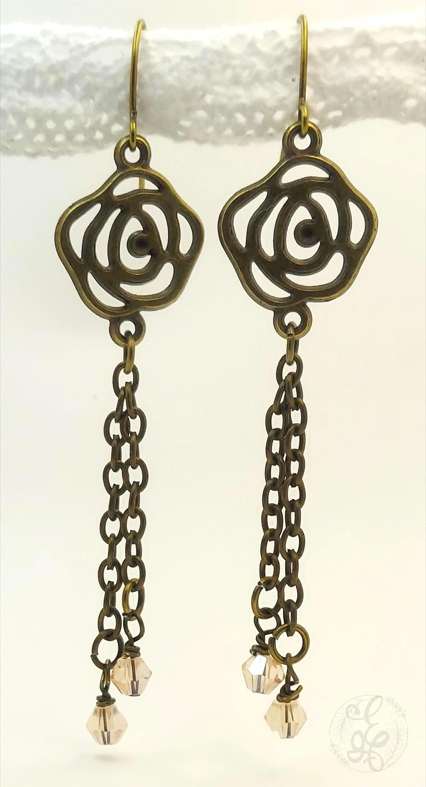 Rose Earrings: Chain and Crystal Drop Dangles with Antique Gold Finish for Women