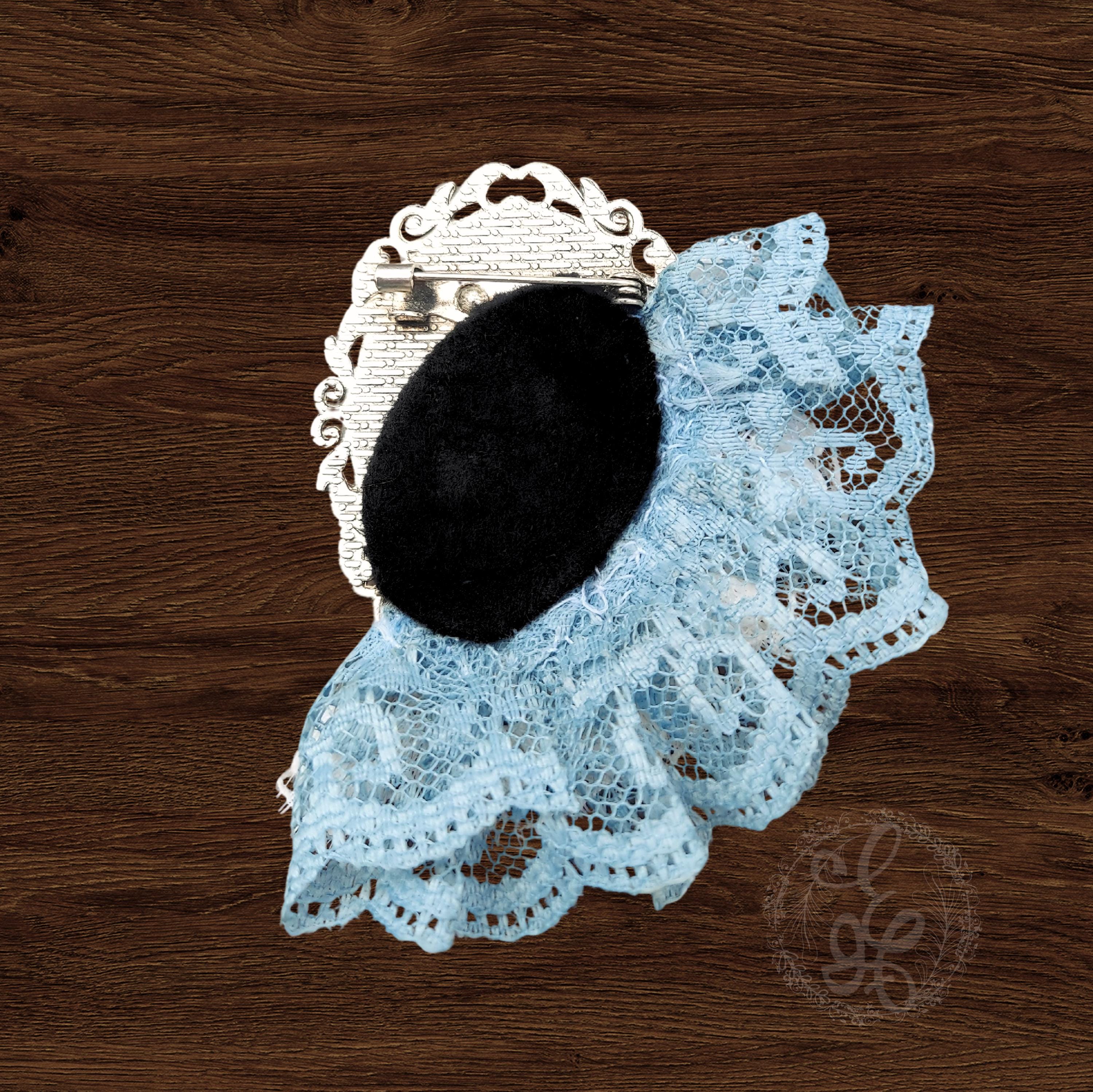 Victorian Blue Cameo Brooch, handcrafted with Lace and Beaded Embellishments