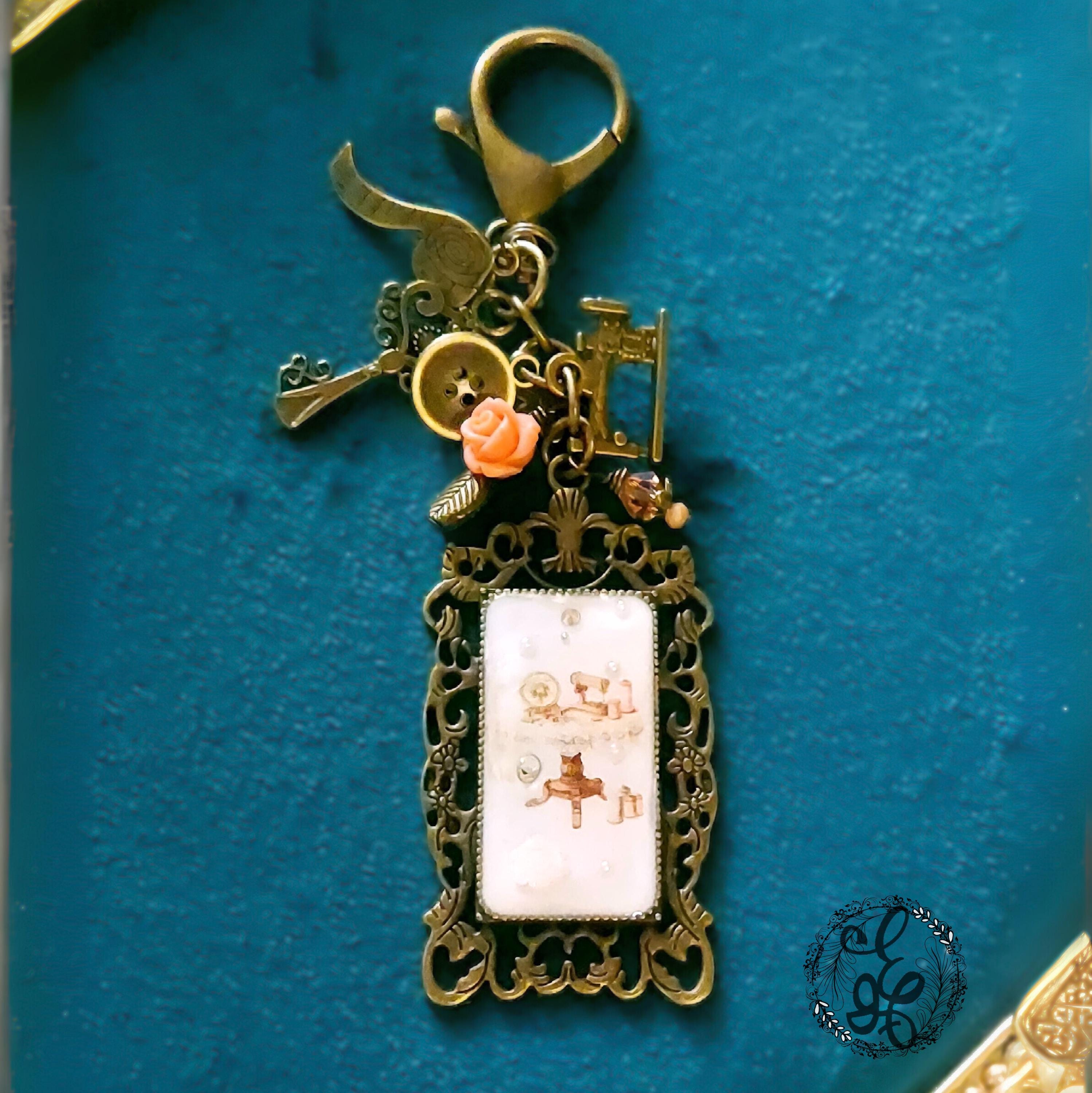 Kitchen Table Sewing Purse Charm – Vintage Resin Frame Keychain with Antique Brass Sewing Charms – Eidel's Ideas Original – Ready to Ship