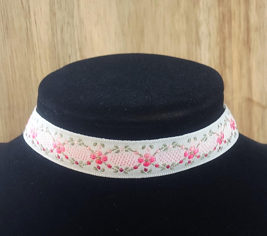 Floral Ribbon Choker Necklace for Women Pink and White Choker