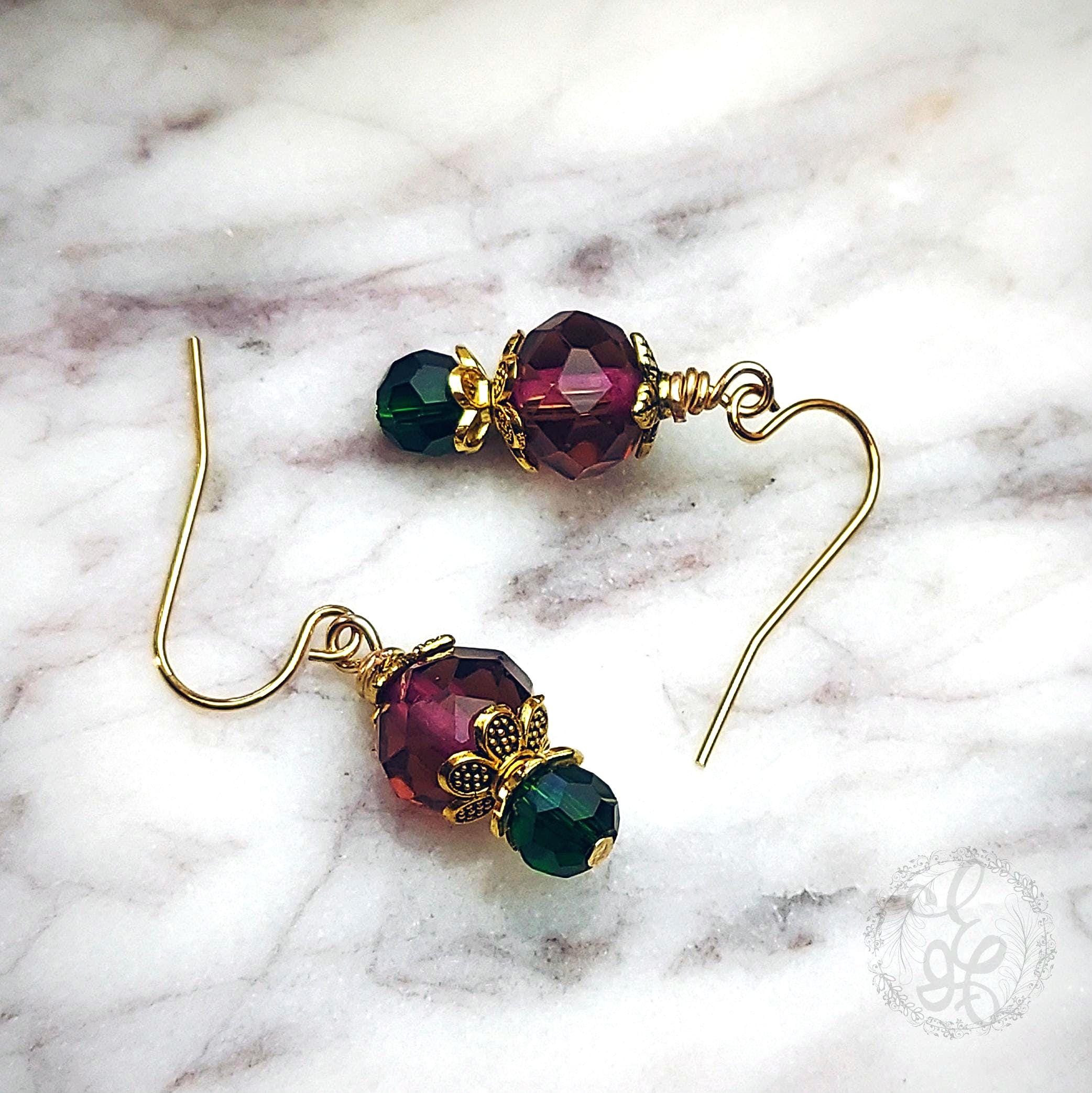 Vintage-Inspired Plum & Green Drop Earrings | Gold Accents | Hypoallergenic
