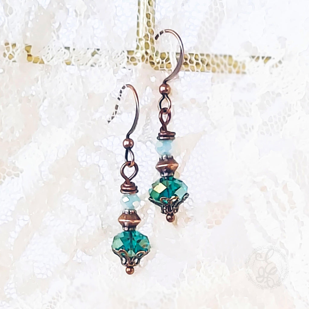 Victorian Inspired Peacock Blue Crystal Earrings | Antique Copper Filigree Dangles